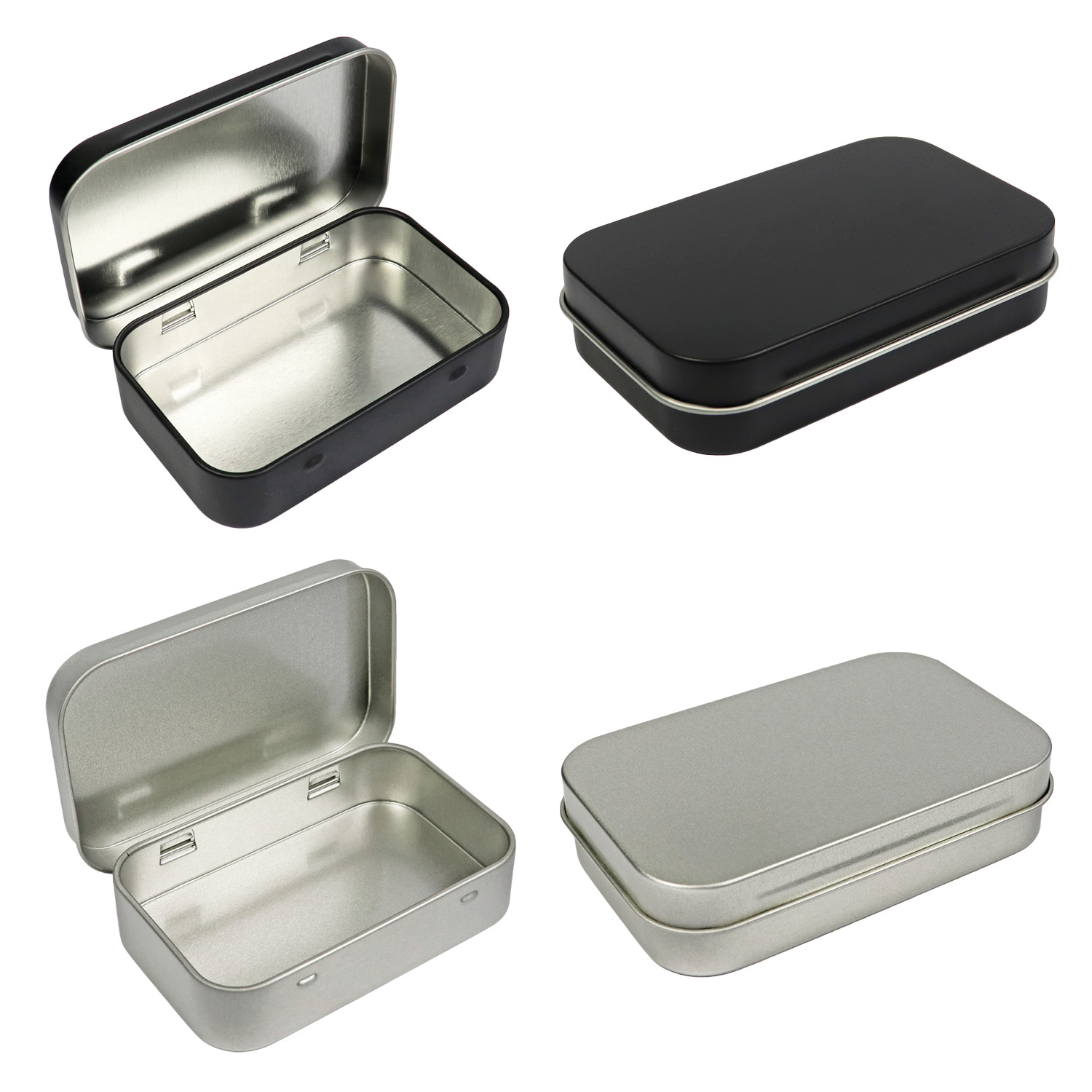 4 Pack Metal Rectangular Empty Hinged Tins Box Containers 3.75 by 2.45 by  0.8 Inch Silver & Black Mini Portable Box Small Storage Kit Home Organizer  (2 Black 2 Silver) 